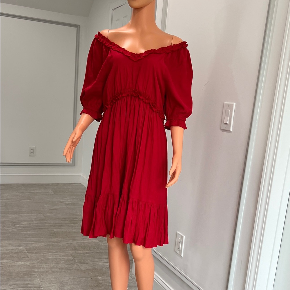 JODIFL Red Midi Dress with Ruffled Neckline